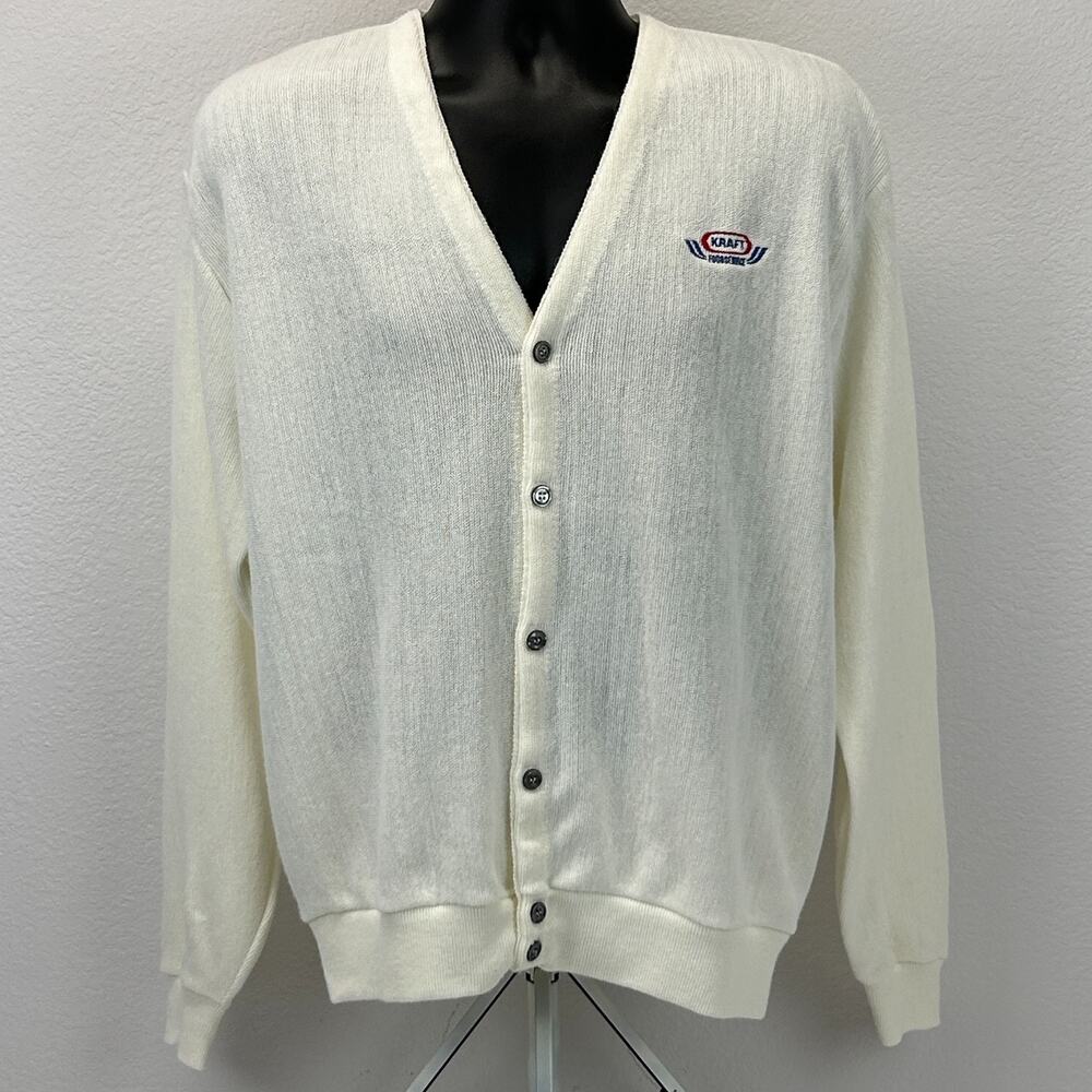Vintage 70s 80s Kraft Foodservice Cardigan Sweater L Large White Food Service